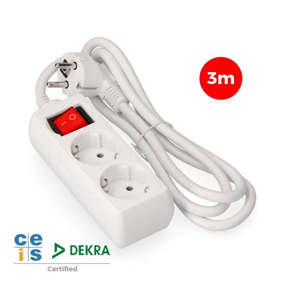 BASE MÚLTIPLE 2 TOMAS 2P+T CON INTERRUPTOR LUMINOSO, 3 m DE CABLE H05VV-F 3G1,5 mm², BLANCA