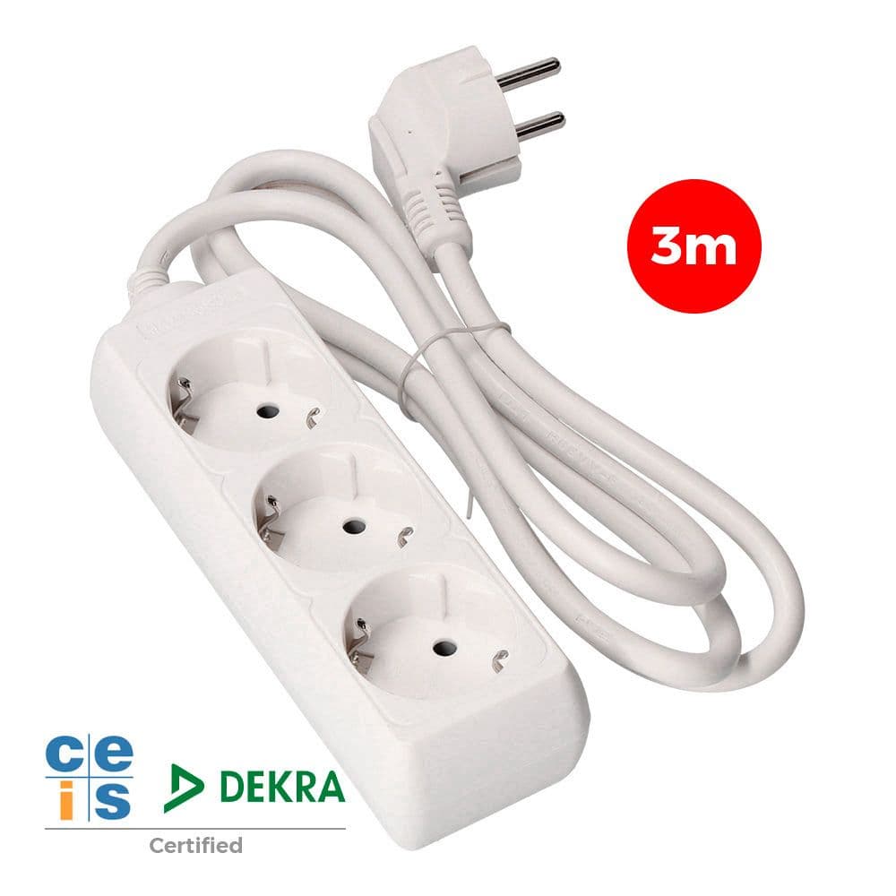 BASE MÚLTIPLE, 3 TOMAS SCHUKO 2P+T, 3 m DE CABLE H05VV-F 3G1,5 mm² 16A 250V~ 3680 W, BLANCA