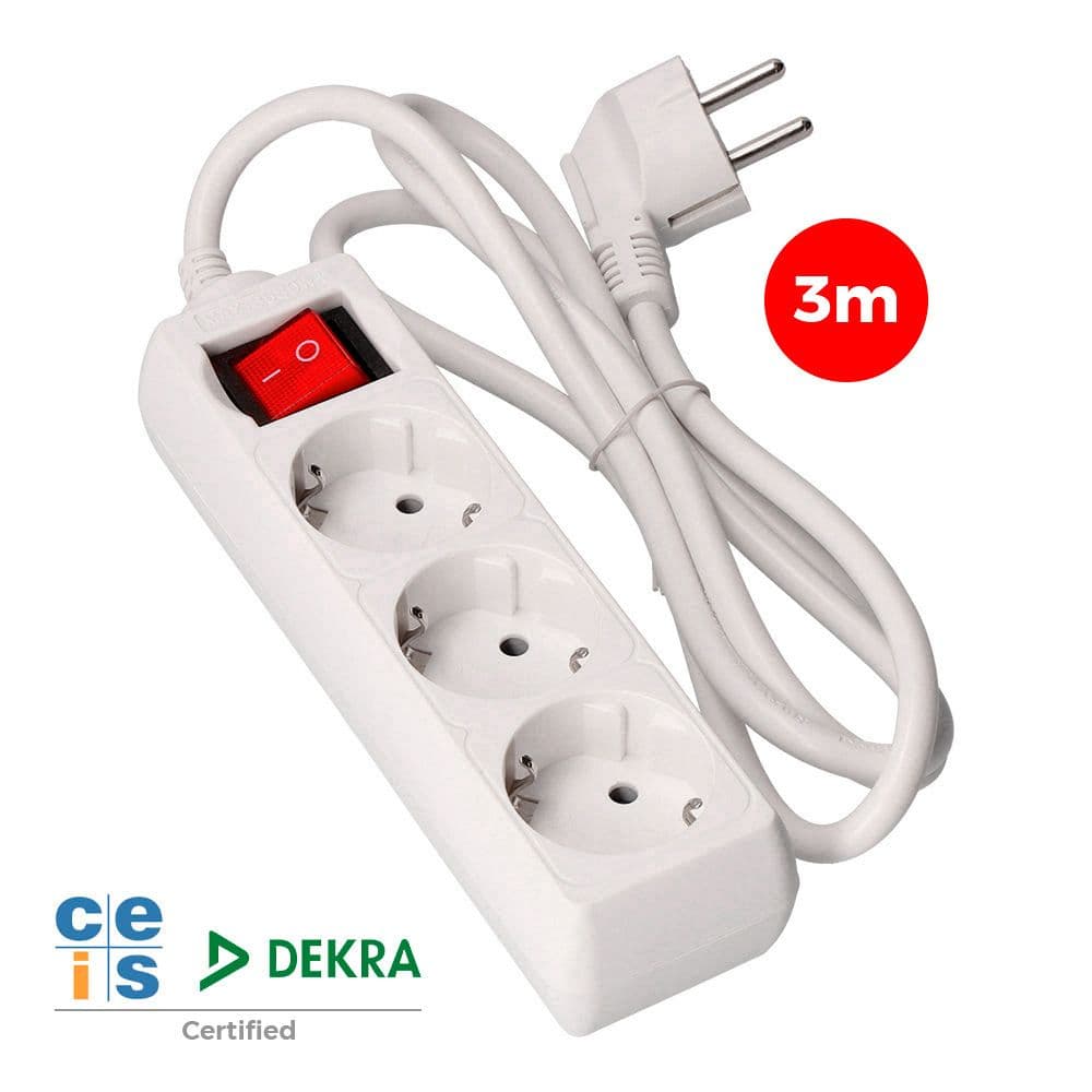 BASE MÚLTIPLE 3 TOMAS 2P+T CON INTERRUPTOR LUMINOSO, 3 m DE CABLE H05VV-F 3G1,5 mm², BLANCA