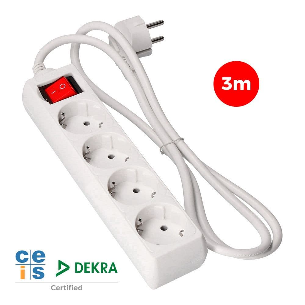 BASE MÚLTIPLE 4 TOMAS 2P+T CON INTERRUPTOR LUMINOSO, 3 m DE CABLE H05VV-F 3G1,5 mm², BLANCA