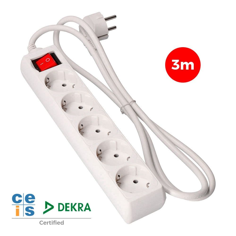 BASE MÚLTIPLE 5 TOMAS 2P+T CON INTERRUPTOR LUMINOSO, 3 m DE CABLE H05VV-F 3G1,5 mm², BLANCA
