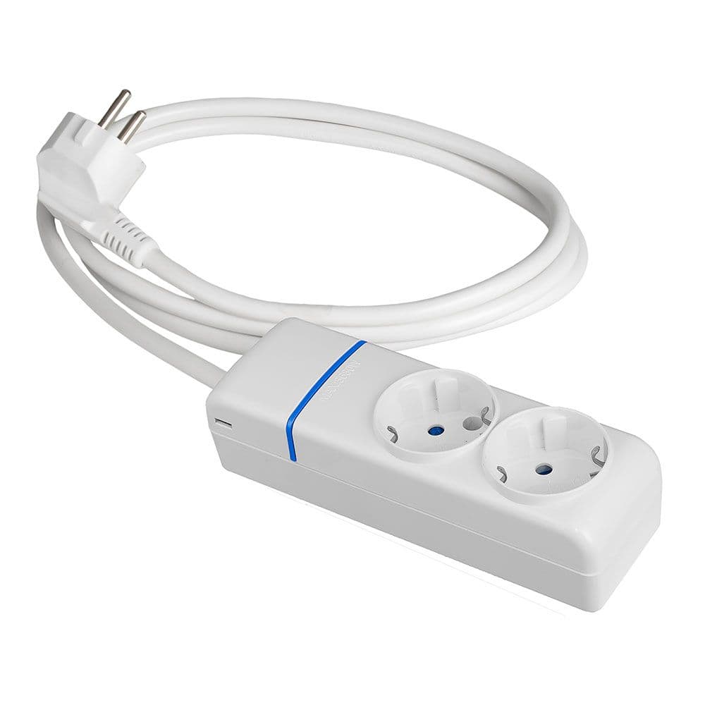 BASE MÚLTIPLE CON 2 TOMAS 2P+T 1,5 m DE CABLE H05VV-F 3G1,5 mm², 16 A 250 V 3680 W, BLANCA