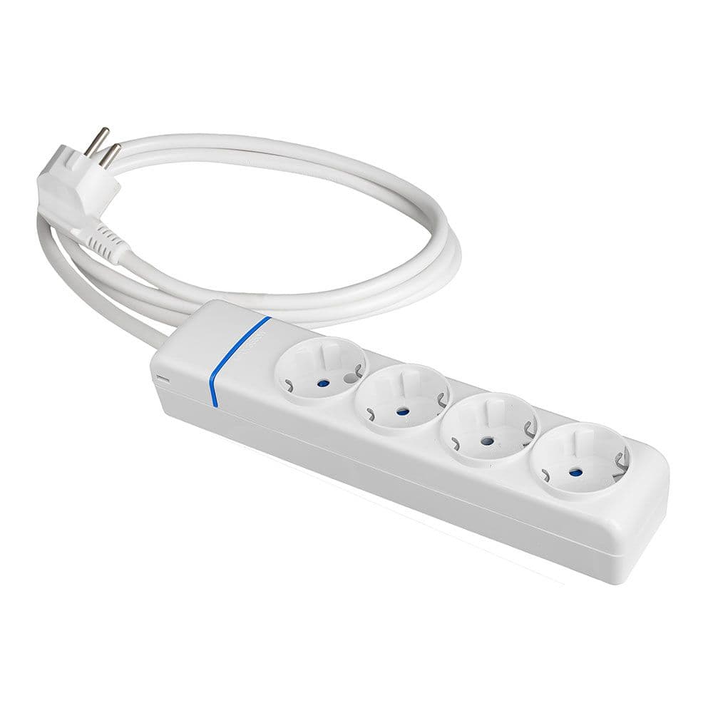 BASE MÚLTIPLE CON 4 TOMAS 2P+T 1,5 m DE CABLE H05VV-F 3G1,5 mm², 16 A 250 V 3680 W, BLANCA