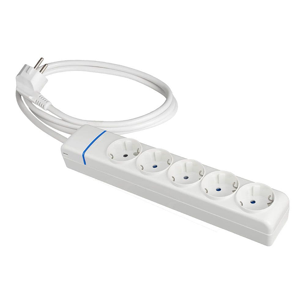 BASE MÚLTIPLE CON 5 TOMAS 2P+T 1,5 m DE CABLE H05VV-F 3G1,5 mm², 16 A 250 V 3680 W, BLANCA