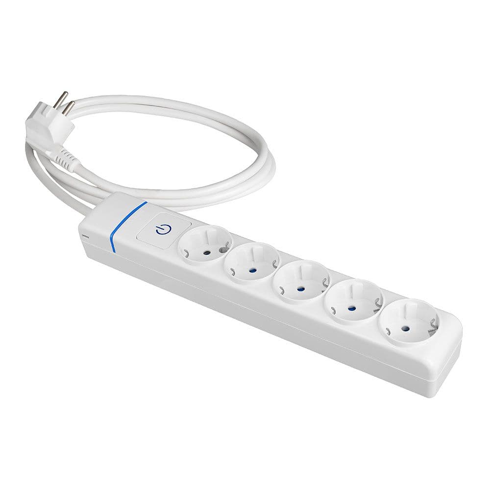 BASE MÚLTIPLE CON 5 TOMAS 2P+T, CON INTERRUPTOR LUMINOSO, 1,5 m CABLE H05VV-F 3G1,5 mm², BLANCA