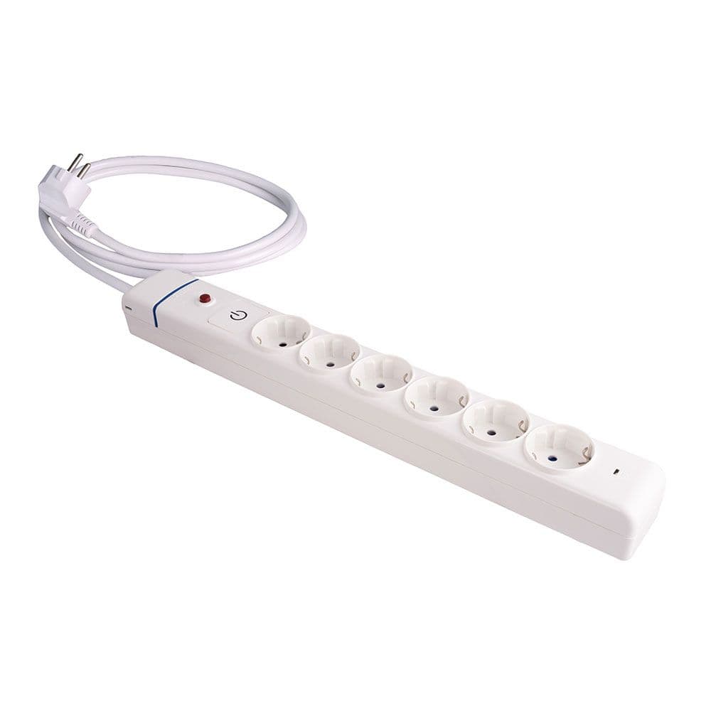 BASE MÚLTIPLE, 6 TOMAS 2P+T, CON INTERRUPTOR + PROTECTOR, 1,5 m CABLE H05VV-F 3G1,5 mm², 16A 250V~, BLANCA