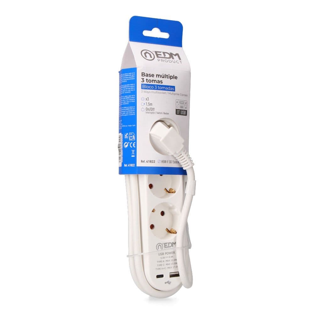 BASE MÚLTIPLE 3 TOMAS SCHUKO, INTERRUPTOR, 2 USB A + C, 1,5m DE CABLE H05VV-F, 3G1,5 mm², 16A 250V~, BLANCA