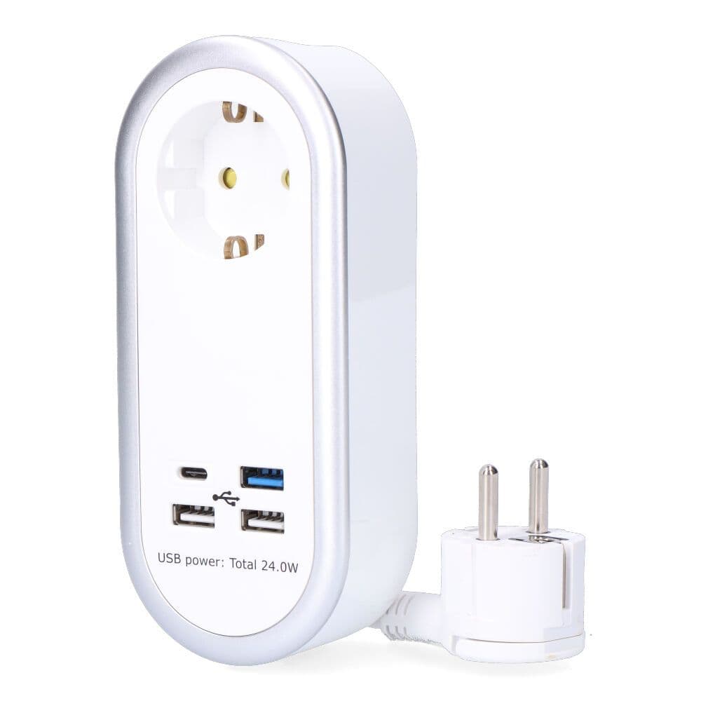 BASE AÉREA 1 TOMA 2P+T SCHUKO, 4 USB (3 x A + 1 x C), 1,5 m DE CABLE H05VV-F 3G1,5 mm², 16A 250V~, BLANCA