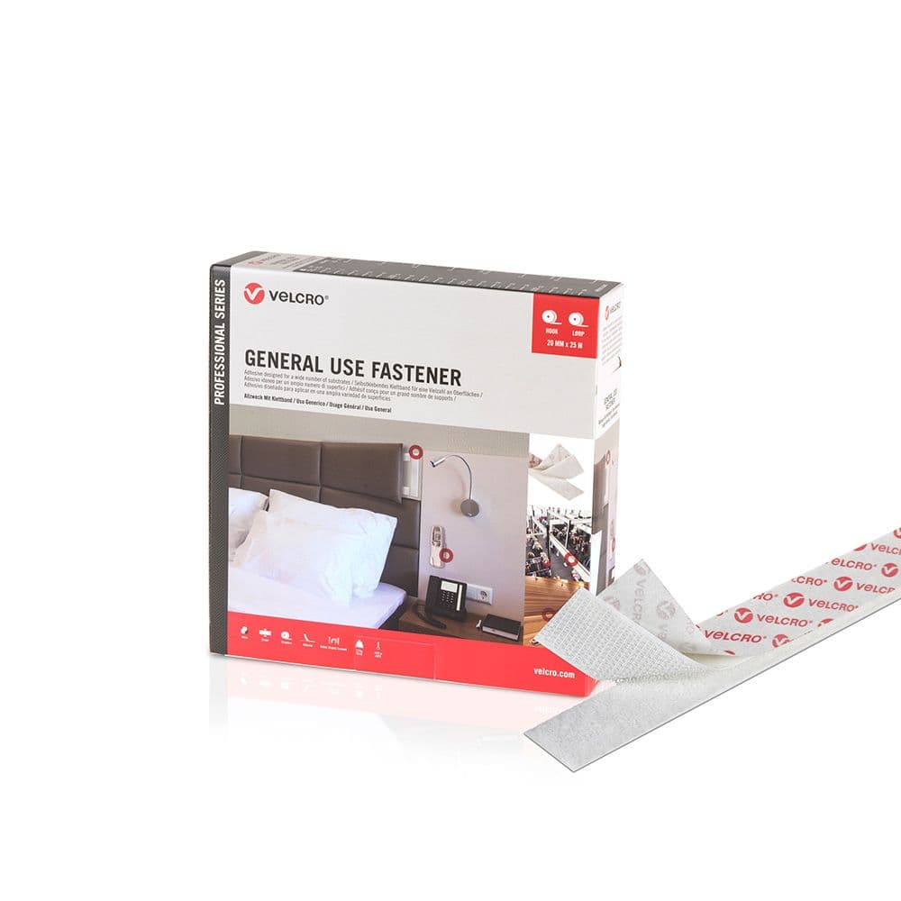 CINTA DE GANCHO Y BUCLE ADHESIVA BLANCA 20mm x 25 m