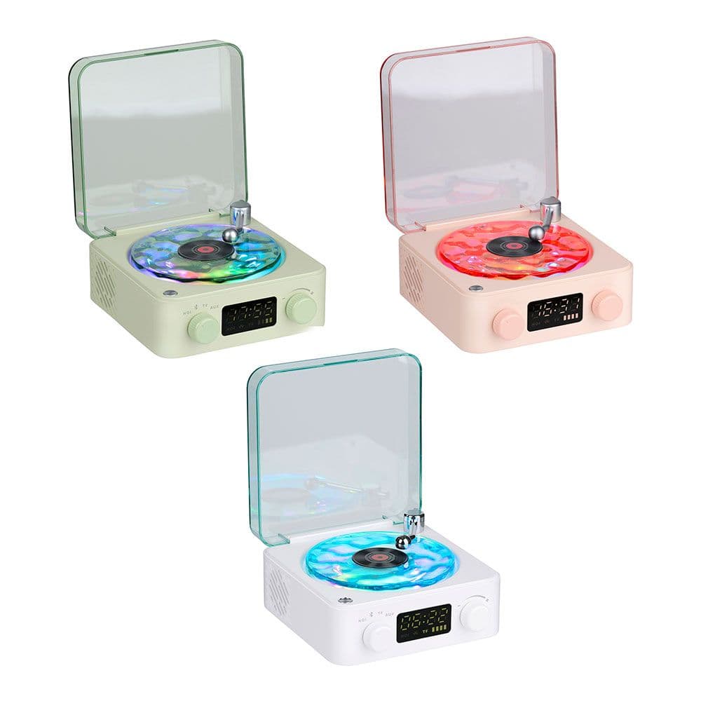 ALTAVOZ BLUETOOTH EN FORMA DE TOCADISCOS, CON RELOJ, RUIDO BLANCO Y LUZ RGB, COLORES SURTIDOS