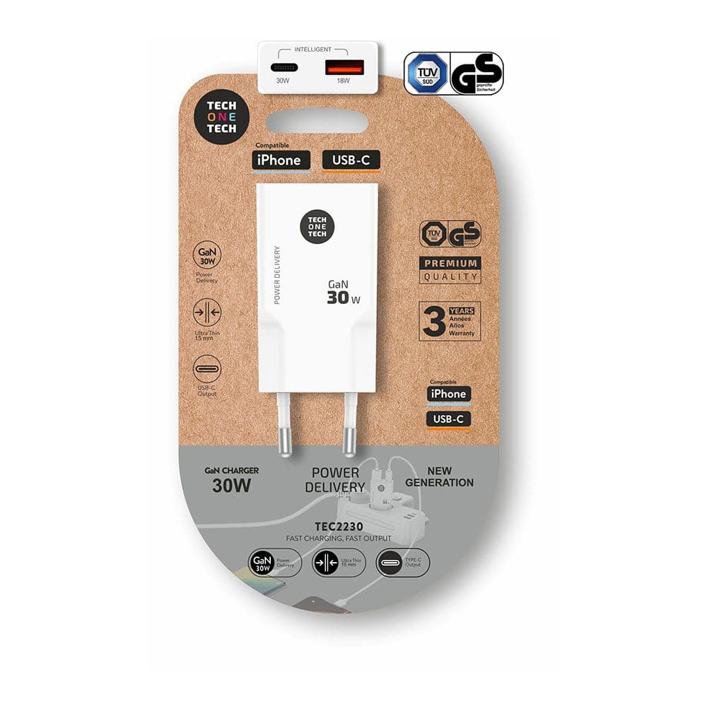 CARGADOR RÁPIDO GaN 30 W, BLANCO, CONECTORES: USB-C + USB-A