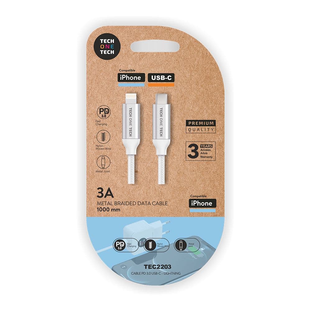 CABLE NYLON USB-C A LIGHTNING 1m BLANCO