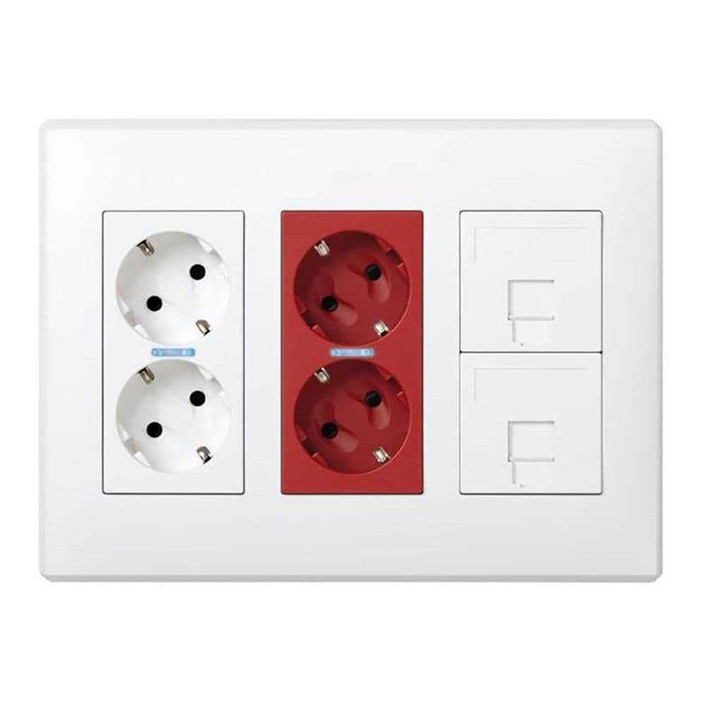 CAJA CON 2 SCHUKOS BLANCOS + 2 SCHUKOS ROJOS + 2 RJ45 500 CIMA SUPERFICIE O EMPOTRAR BLANCA