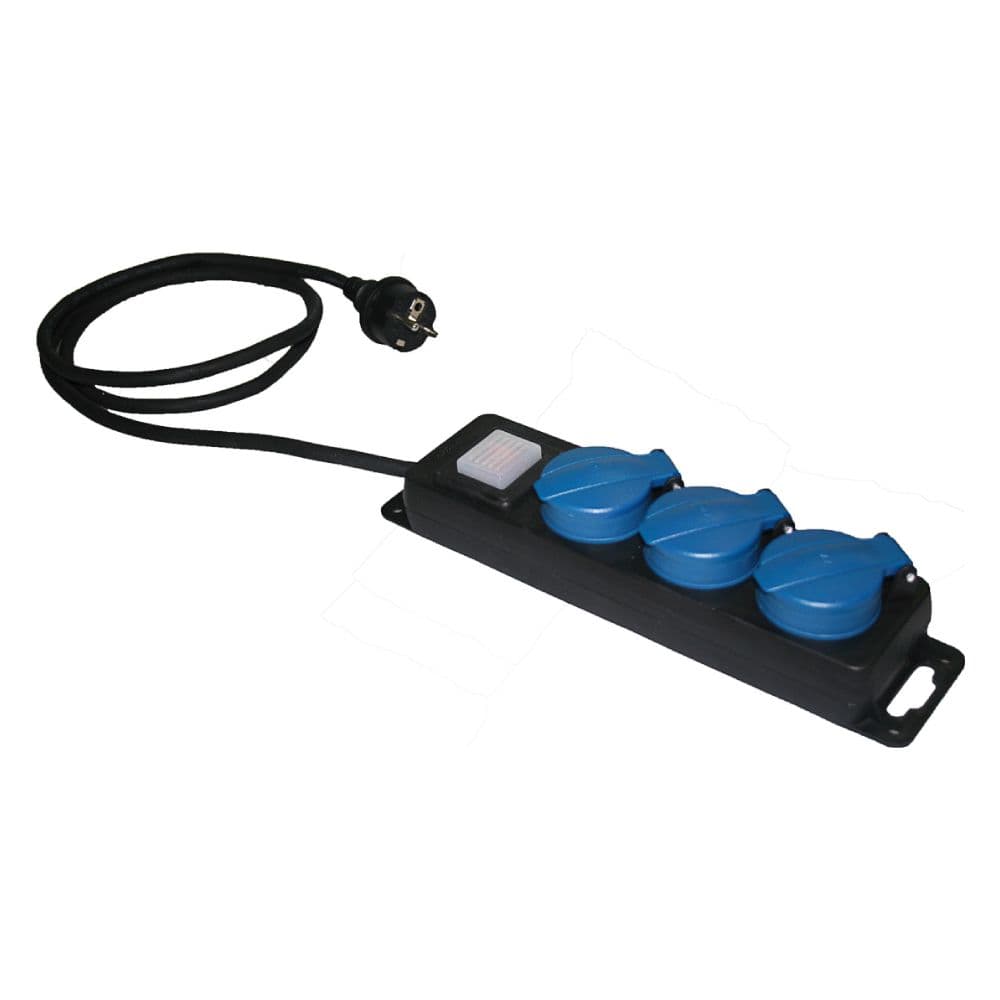 BASE MULTIPLE 3 TOMAS 2P+T SCHUKO, INTERRUPTOR, IP44, 1,5 m DE CABLE H05RR-F 3G1,5 mm², NEGRA/AZUL