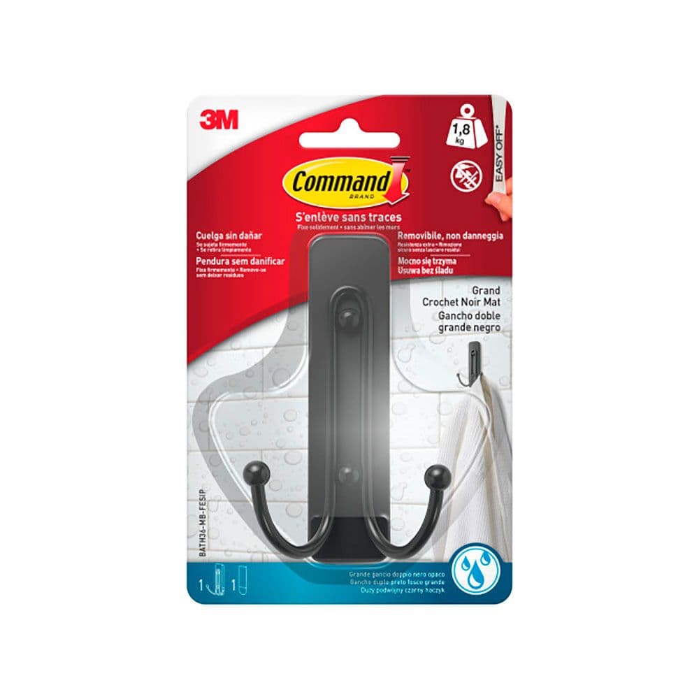 COMMAND GANCHO DOBLE, GRANDE, NEGRO MATE, 1 ud + 2 TIRAS, MÁX 1,8 Kg