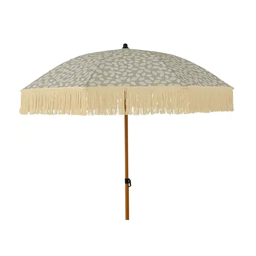 PARASOL PARA JARDÍN, VERDE CON DISEÑO DE HOJAS Y FLECOS BEIGE, Ø180 x 215 cm