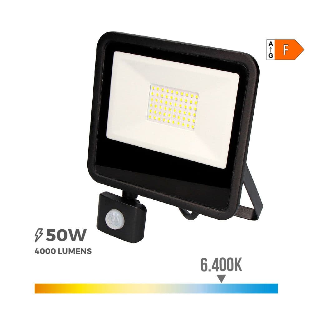 FOCO PROYECTOR LED CON SENSOR DE PRESENCIA 50 W 4000 lm 6400 K LUZ FRÍA 23,8 x 4,5 x 19,2 cm