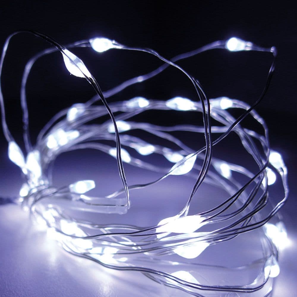 GUIRNALDA A PILAS, FUNCIÓN FIJA, 40 LEDS, CABLE ALAMBRE PLATEADO, LUZ BLANCA FRÍA, 195 cm