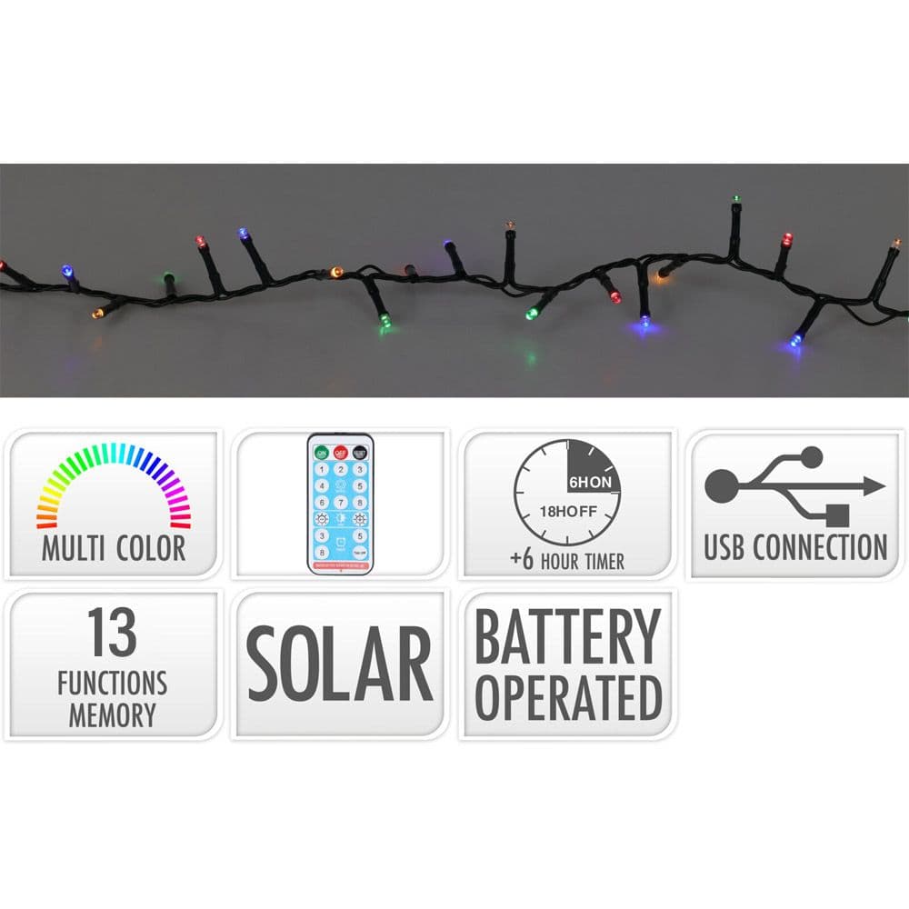 GUIRNALDA LED SOLAR 480 LEDS 13 FUNCIONES PARPADEANTE EXTERIOR MULTICOLOR CABLE VERDE 20 m