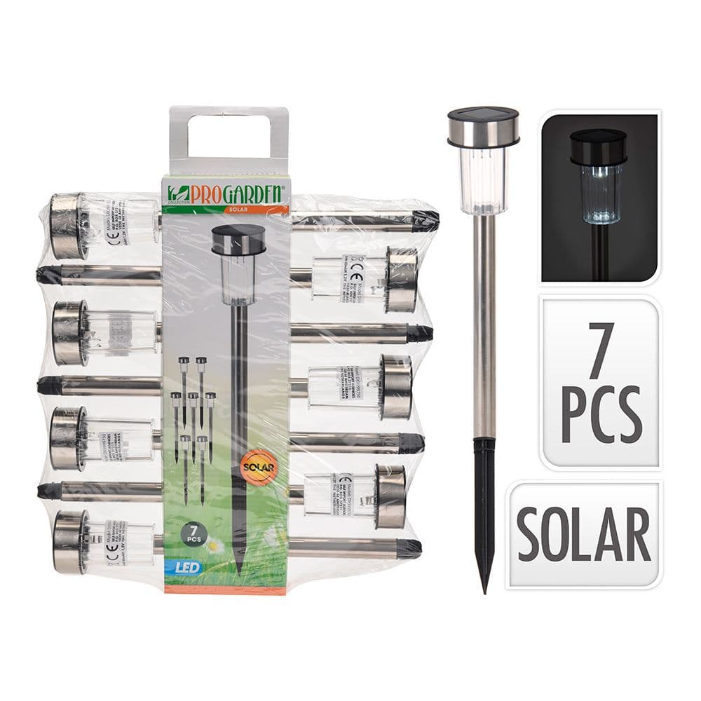 ESTACA SOLAR DE JARDIN, ACERO INOXIDABLE,1 LED IP44 Ø4,6 x 36,5 cm, PACK 7 unidades