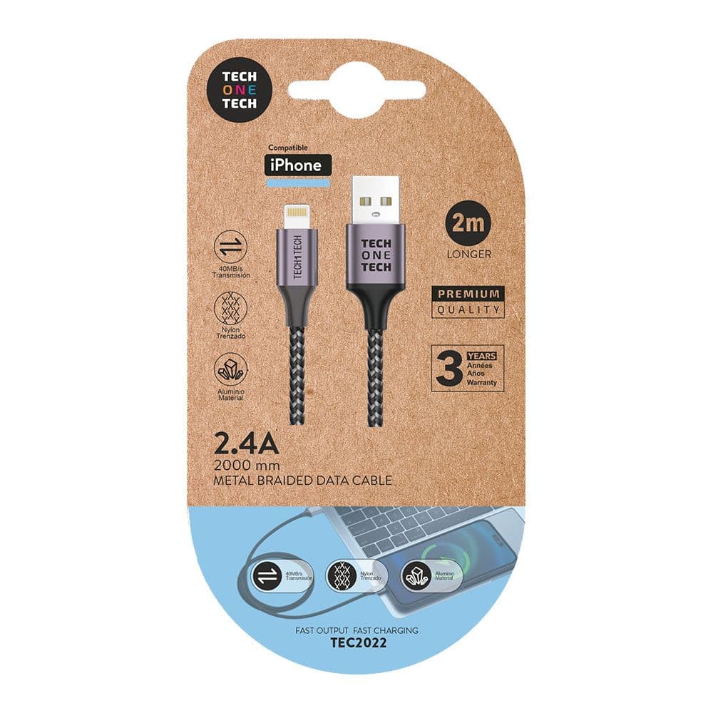 CABLE NYLON USB-A A LIGHTNING 2 m GRIS