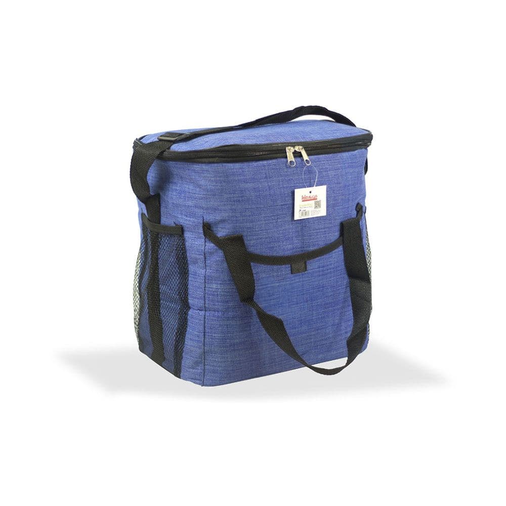 NEVERA TIPO BOLSA 21 l DISEÑO TEJANA AZUL CON RIBETE, ASAS Y CORREA AJUSTABLE NEGRA, 37,7 x 20 x 33 cm