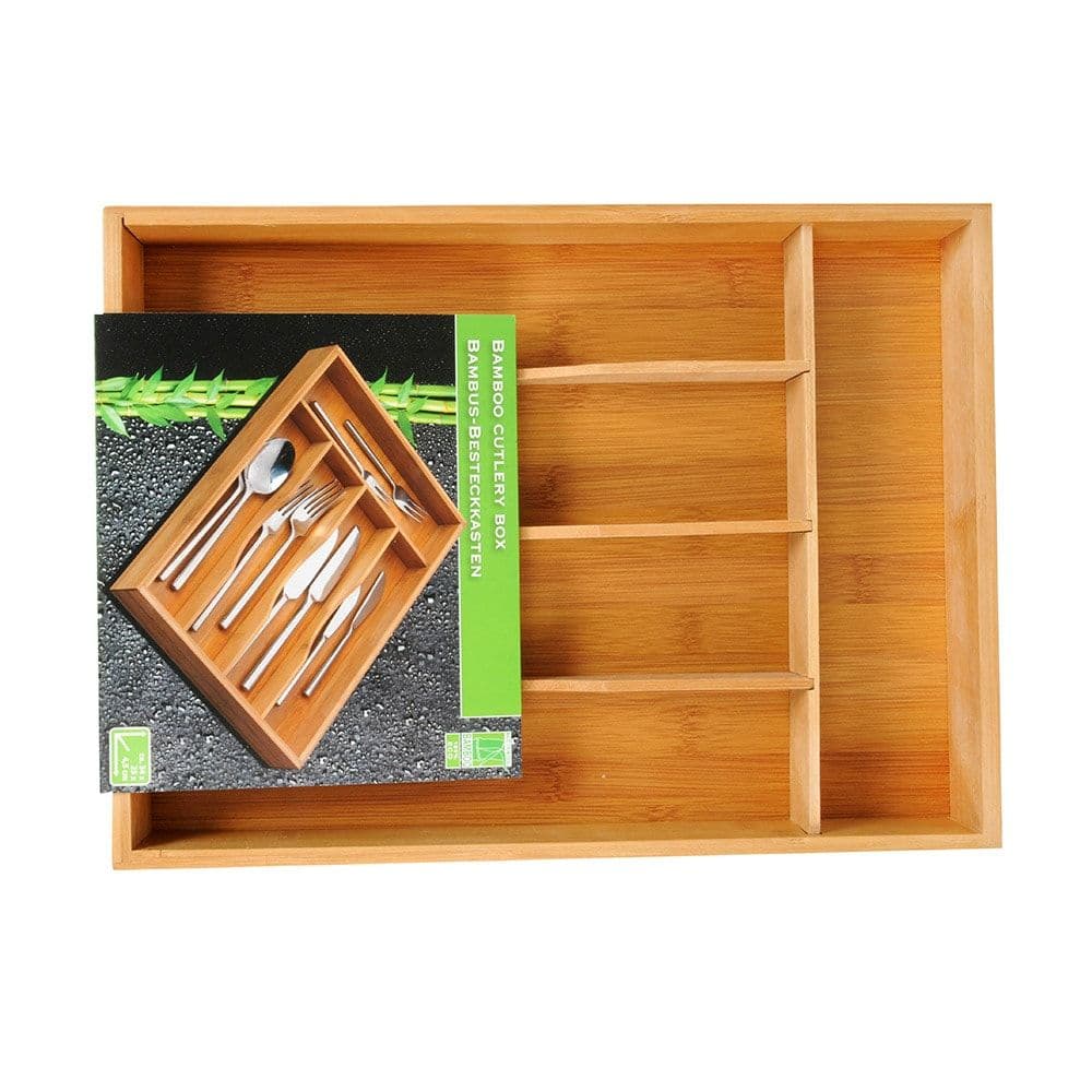 ORGANIZADOR DE CUBIERTOS EXTENSIBLE DE BAMBÚ CON 6 COMPARTIMENTOS - 35 x 25-39,2 x 4,5 cm