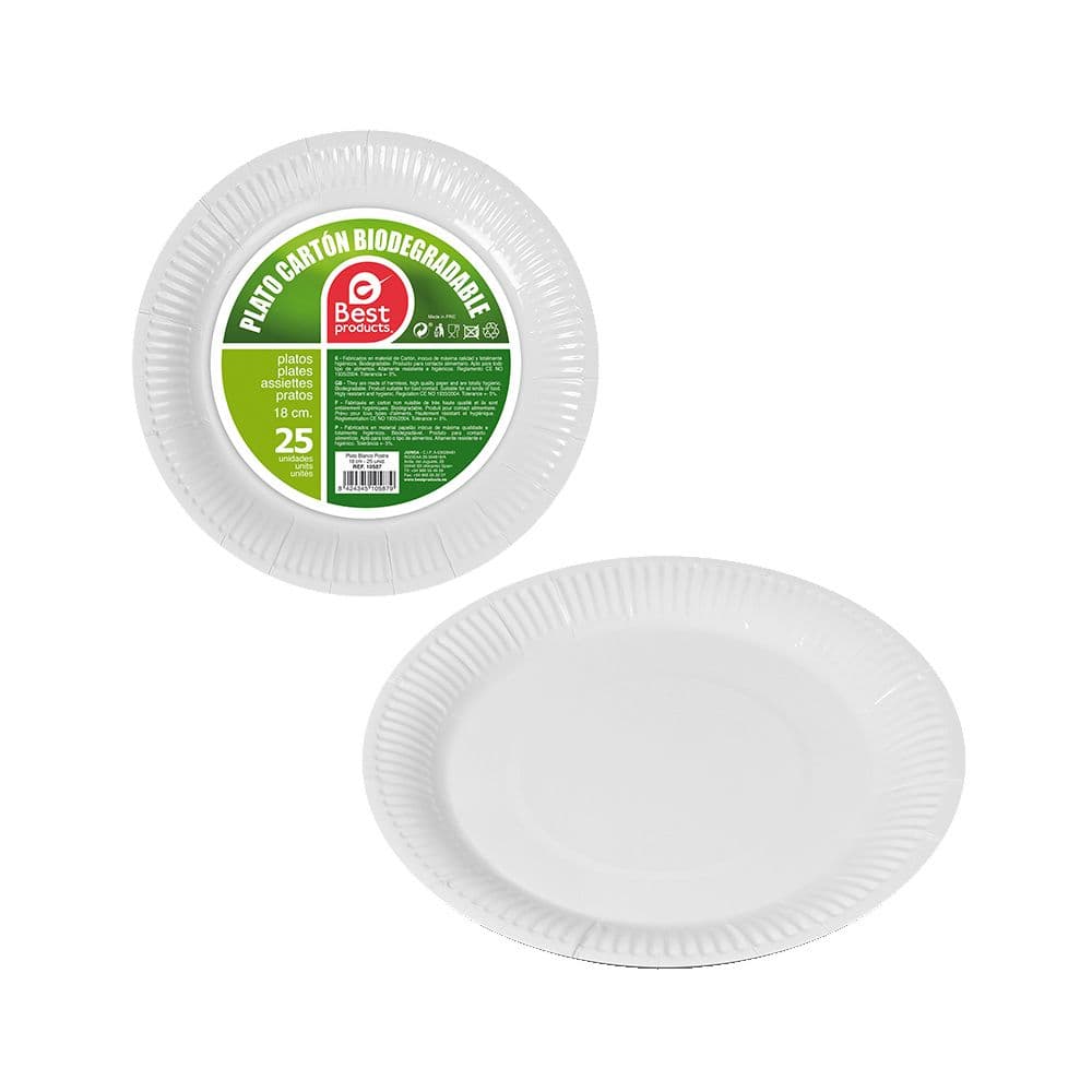 PLATOS DE CARTÓN REDONDOS DE POSTRE BLANCOS Ø18 cm, 25 uds