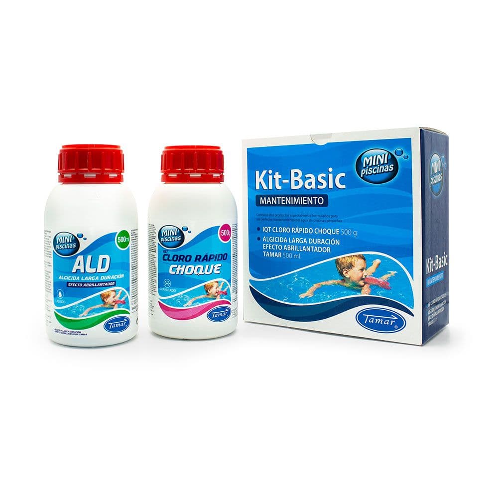 MANTENIMIENTO KIT BASIC PARA PISCINAS PEQUEÑAS, CLORO CHOQUE 500 g Y ALGICIDA 500 ml