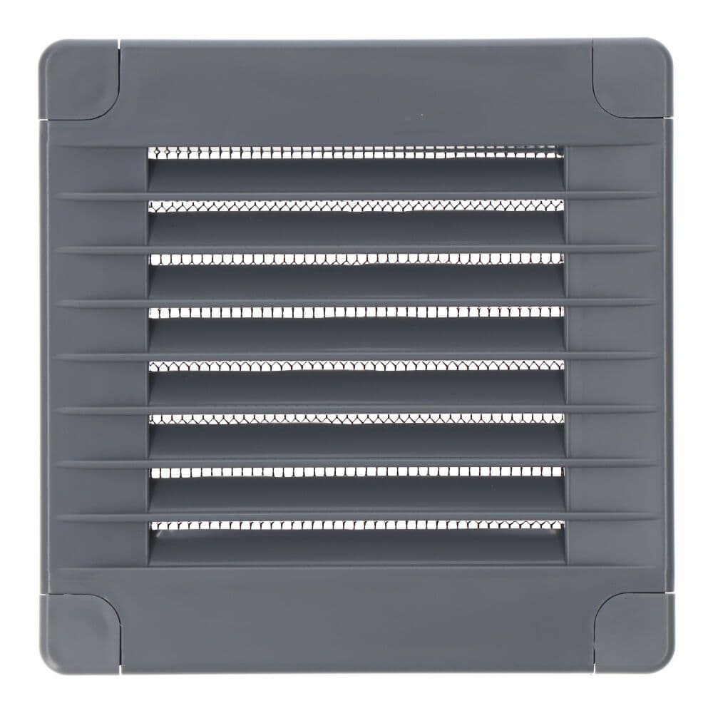REJILLA VENTILACIÓN CUADRADA CON TAPONES Y MOSQUITERA 100x100x7mm ABS GRIS