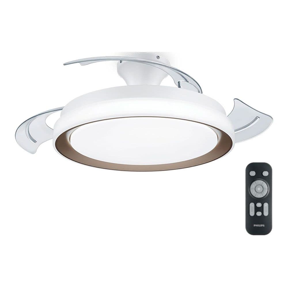 VENTILADOR DE TECHO DE LED MODELO BLISS. COLOR DORADO. POTENCIA: 35 + 28 W ASPAS: Ø 106 cm CON MANDO A DISTANCIA