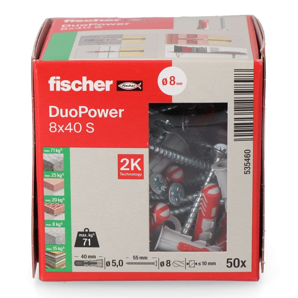 TACOS DUOPOWER S Ø8 x 40 mm +TORNILLOS Ø5 x 55 mm, CAJA 50 uds