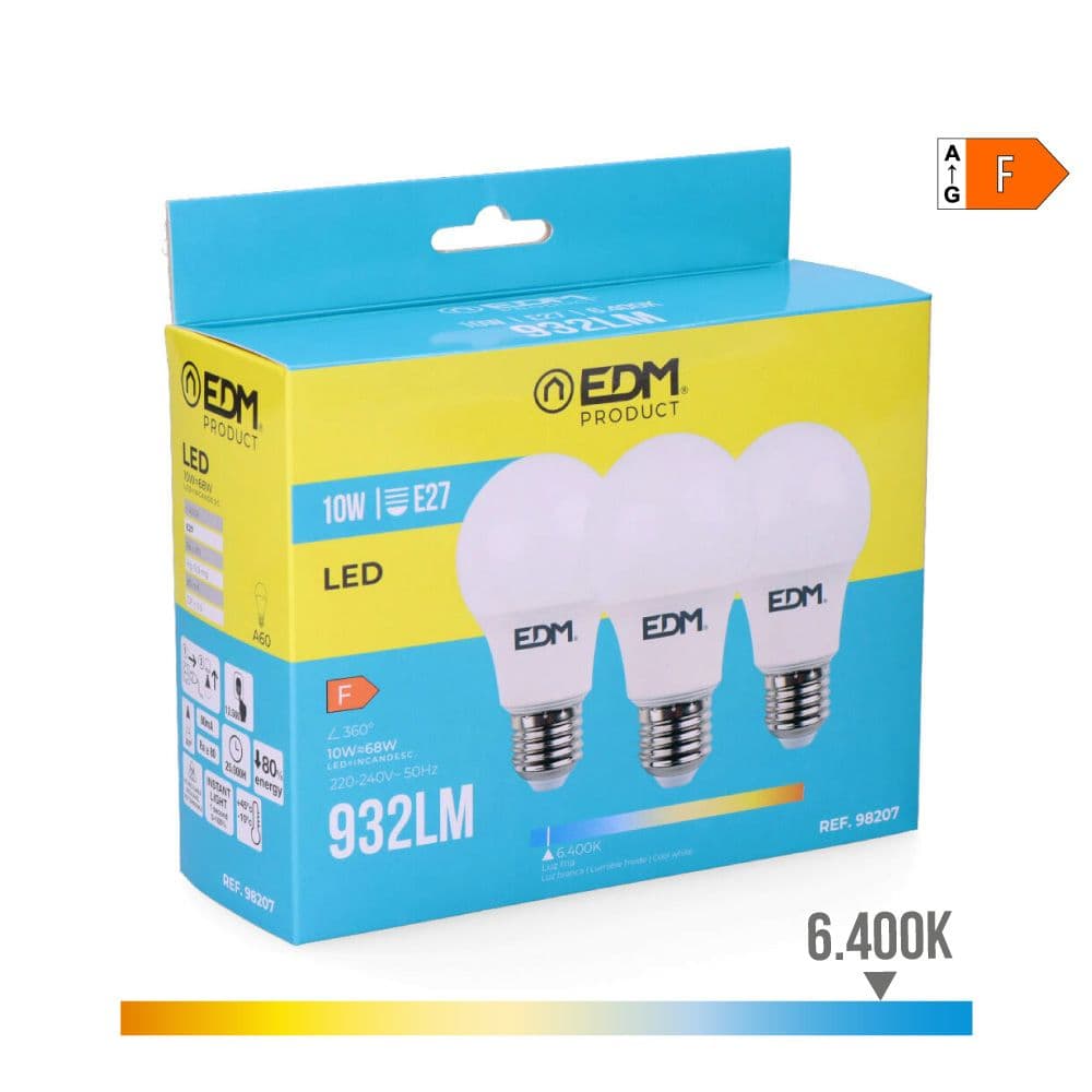 KIT 3 BOMBILLAS STANDARD LED E27 10 W 932 lm 6400 K LUZ FRIA Ø6 x 10,8 cm