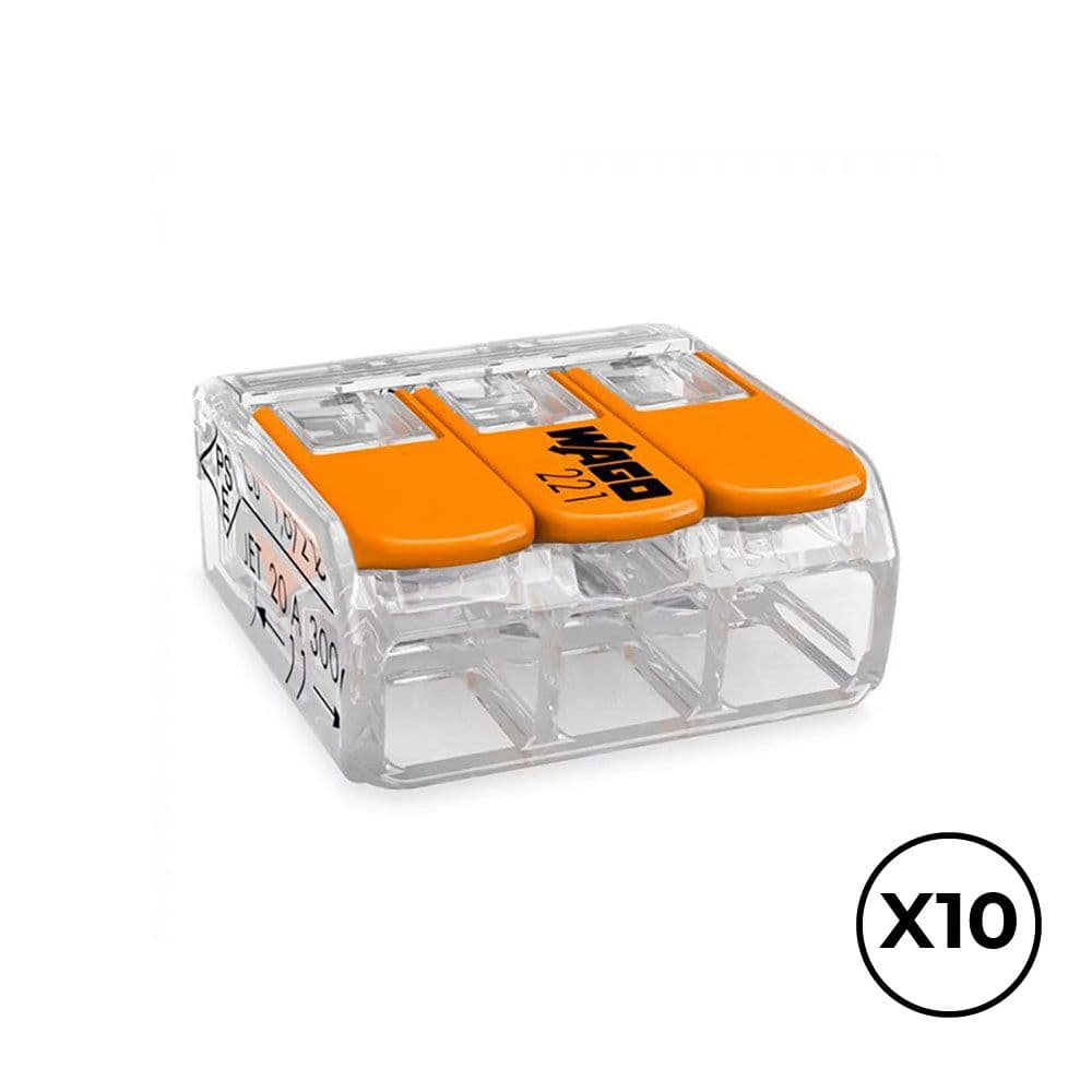 CONECTOR RÁPIDO CON PALANCA 3 VIAS, Ø MAXIMO 4 mm², 450 V , 32 A - TRANSPARENTE - 18,8 x 18,6 x 8,4 mm, 10 uds