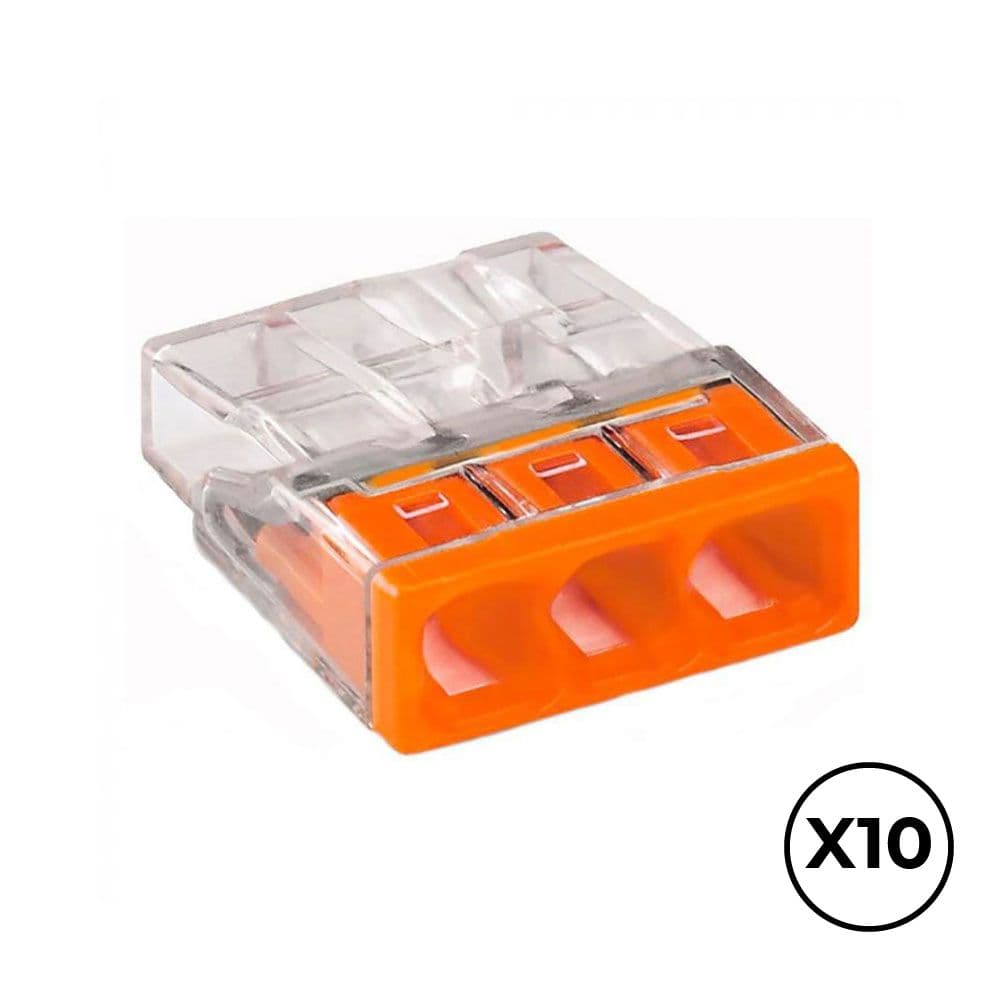 CONECTOR RÁPIDO 3 VIAS, Ø MÁXIMO 2,5 mm², TRANSPARENTE / NARANJA, 10 uds