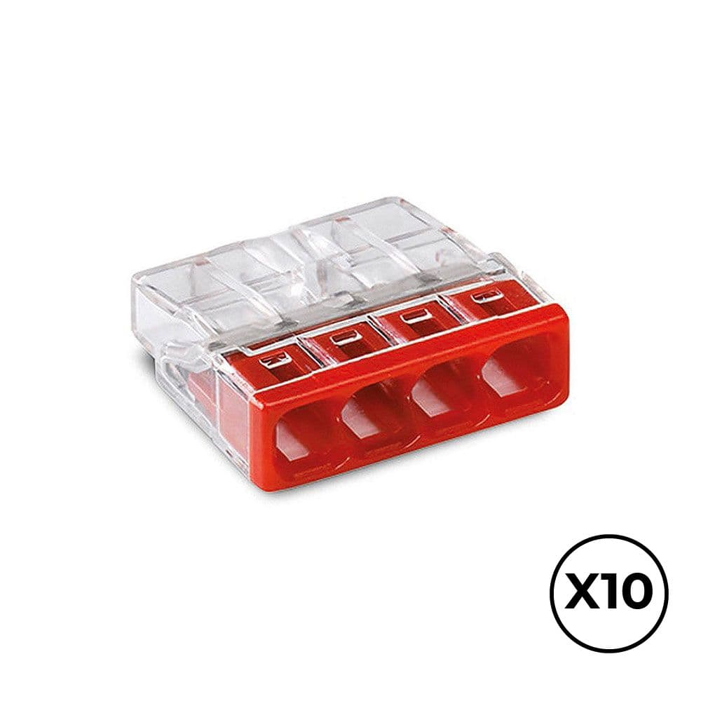 CONECTOR RÁPIDO 4 VIAS, Ø MAXIMO 2,5 mm², TRANSPARENTE / ROJA, 10 uds