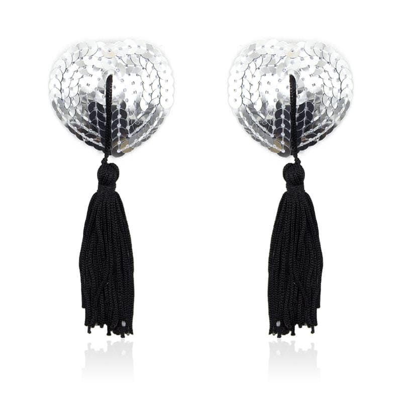 Pezoneras Autoadhesivas Forma de Corazón con Lentejuelas Negro/Plata